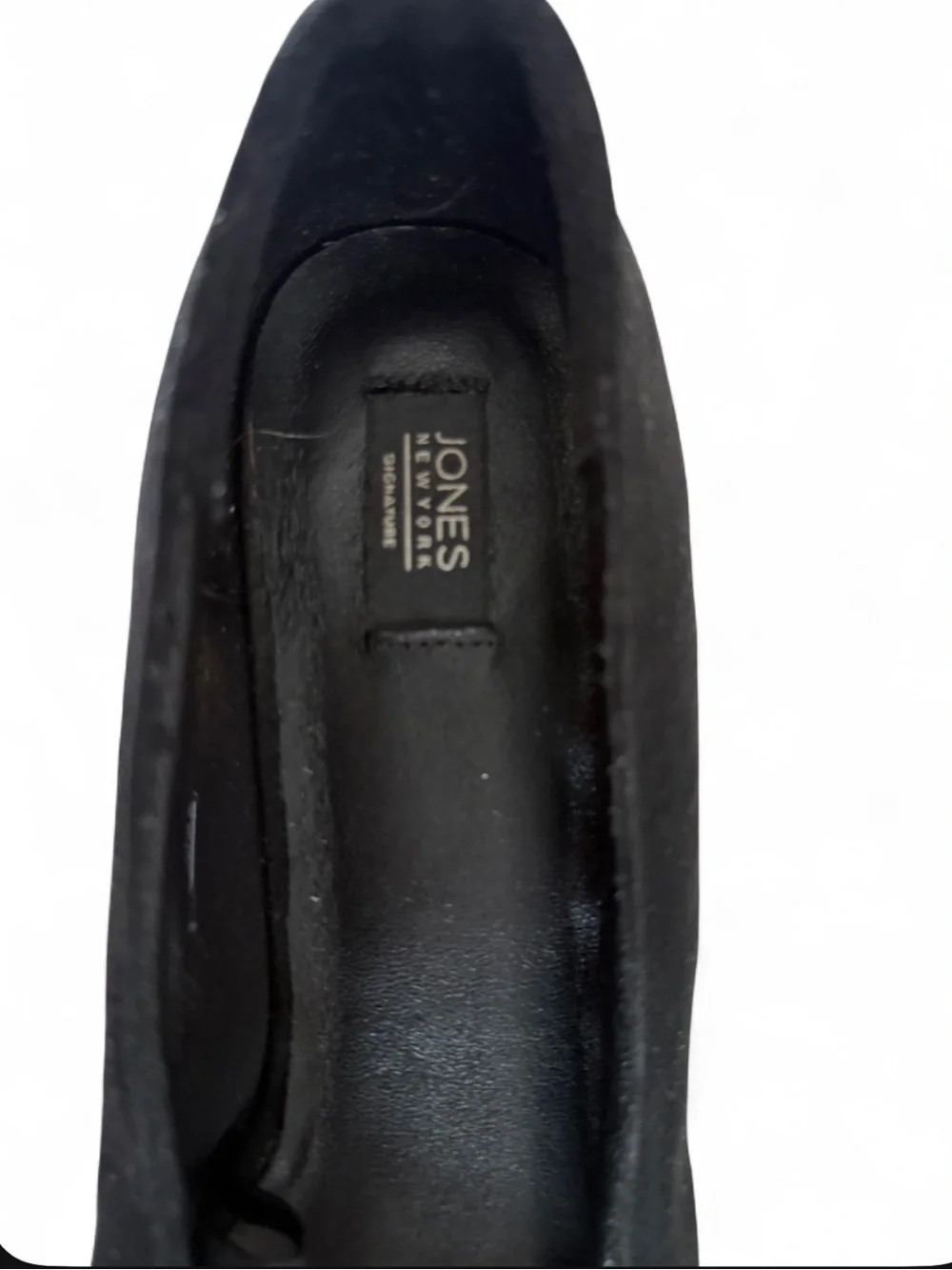 Jones New York Black Suede Pointed Flats with Crystal Bow Accent